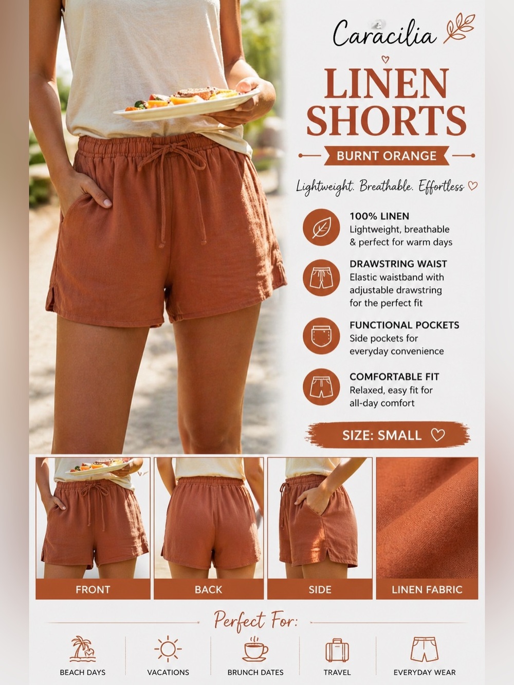 Caracilia Linen Shorts Burnt Orange Drawstring Waist Pockets Sz S Summer Boho